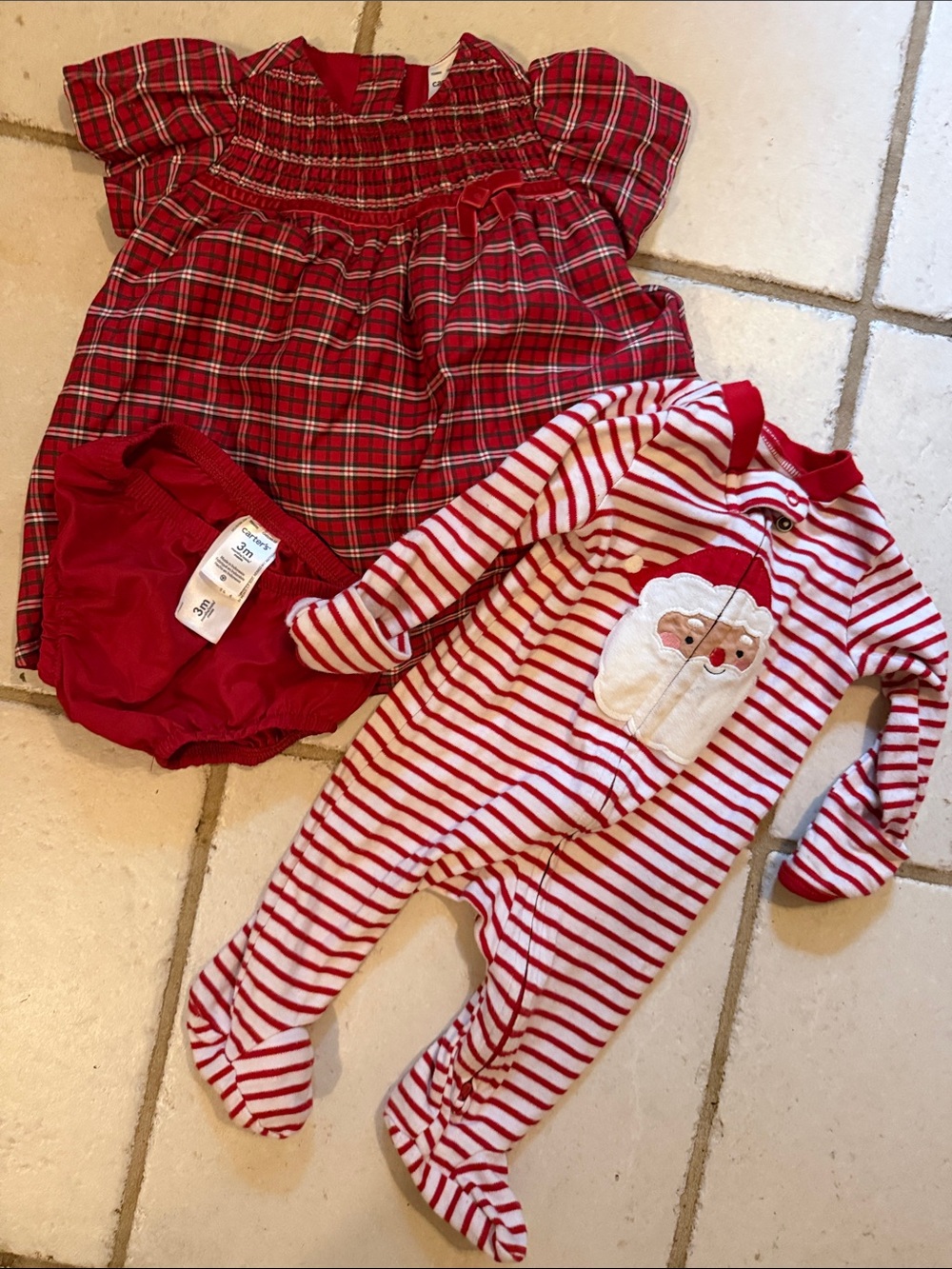 Carter’s Holiday Baby Dress Red White Plaid & Santa Jammie’s 3 months